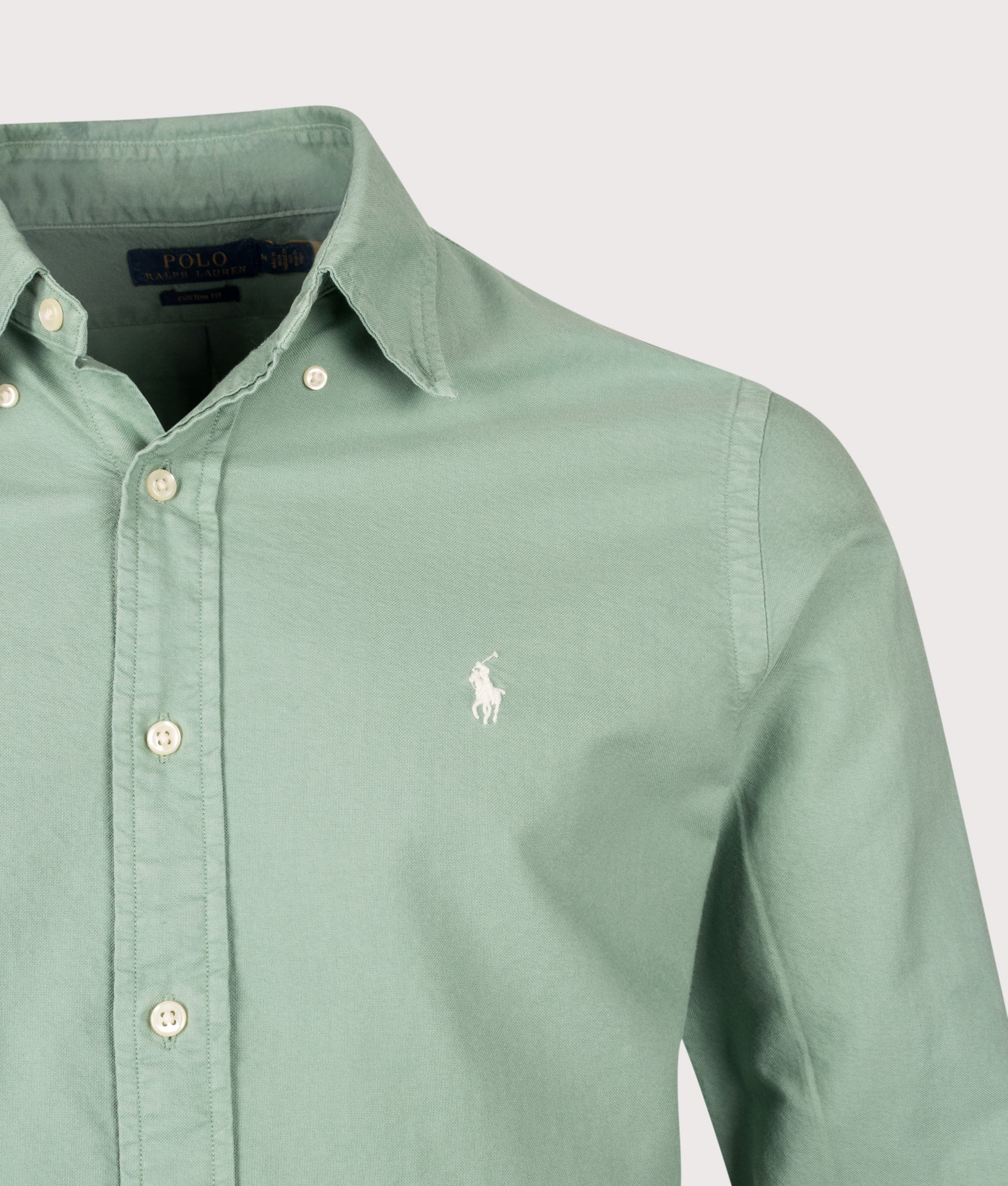Polo Ralph Lauren Custom Fit Garment-Dyed Oxford Shirt in Faded Mint at EQVVS Menswear. Detail shot.