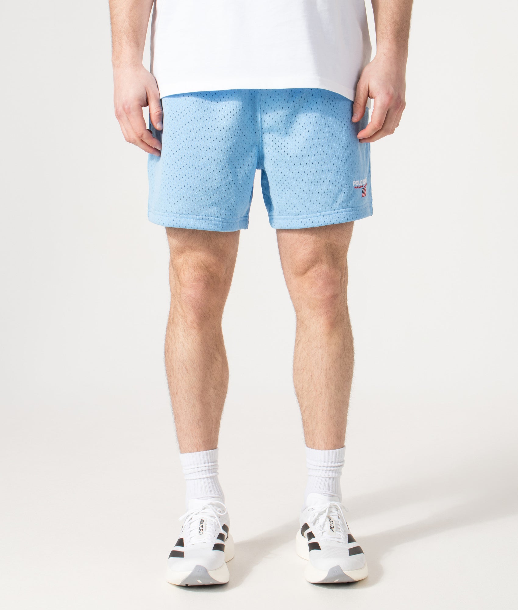 Polo Ralph Lauren Performance Mesh Sweat Shorts in Chatham Blue at EQVVS Menswear. Model front shot.