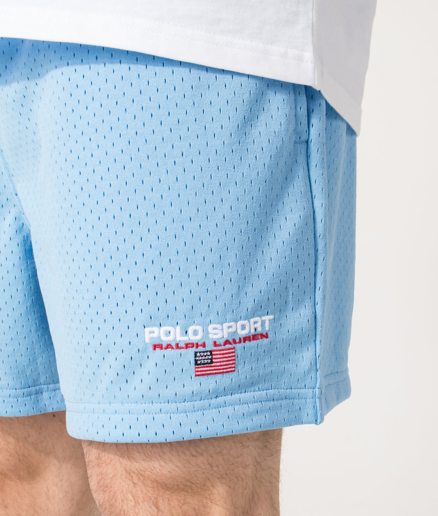 Polo Ralph Lauren Performance Mesh Sweat Shorts in Chatham Blue at EQVVS Menswear. Detail shot.