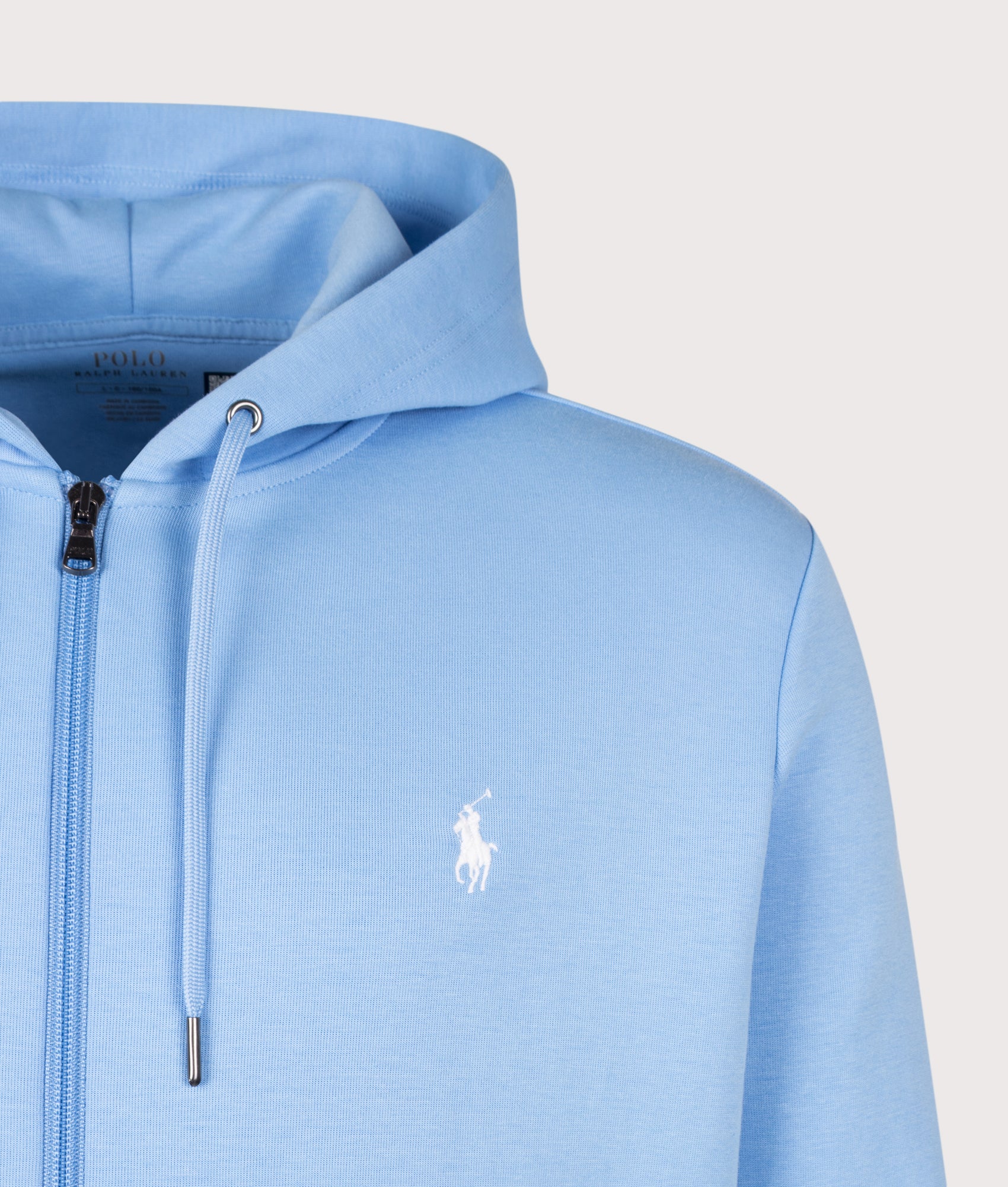 Polo Ralph Lauren Zip Through Double Knit Hoodie in Chatham Blue at EQVVS Menswear. Detail shot.