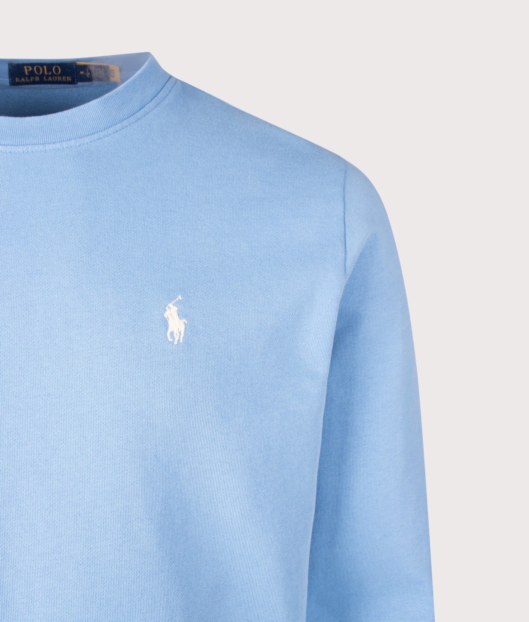 Polo Ralph Lauren Loopback Terry Sweatshirt in Bristol Blue at EQVVS Menswear. Detail shot.