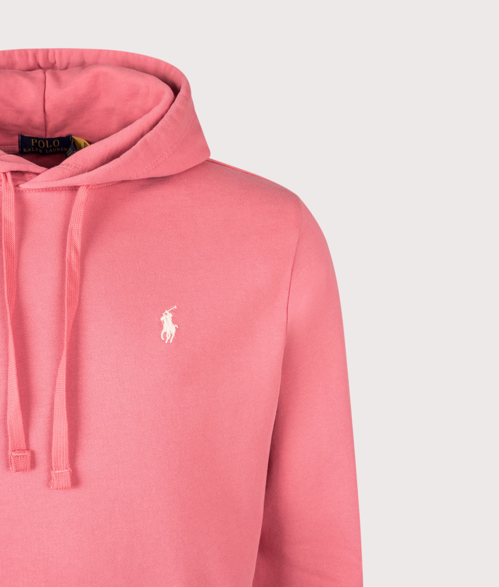 Polo Ralph Lauren Loopback Fleece Hoodie in Red Sky at EQVVS Menswear. Detail shot.