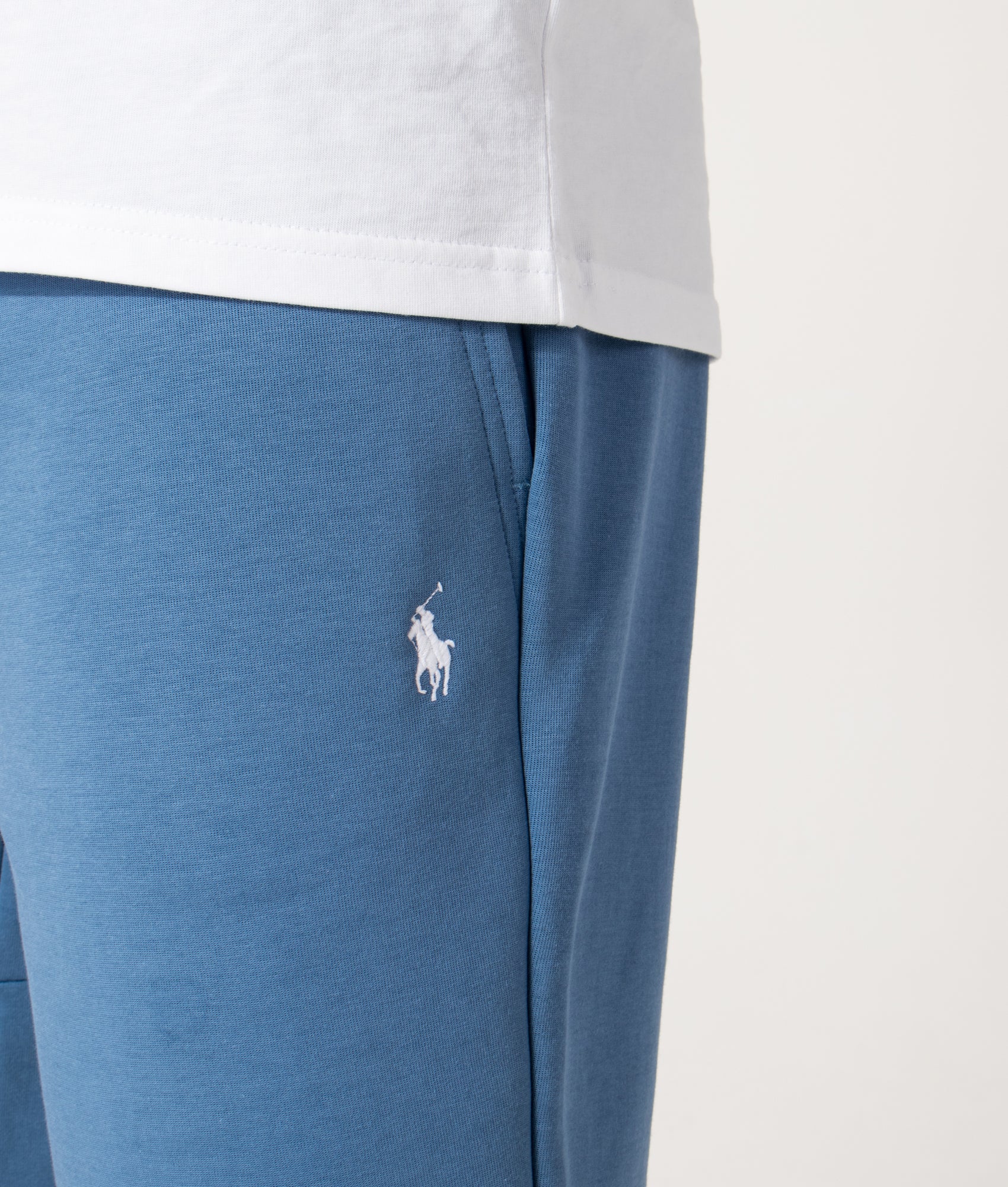Polo Ralph Lauren Regular Fit Double Knit Athletic Sweat Shorts in Delta Blue at EQVVS Menswear. Detail shot.