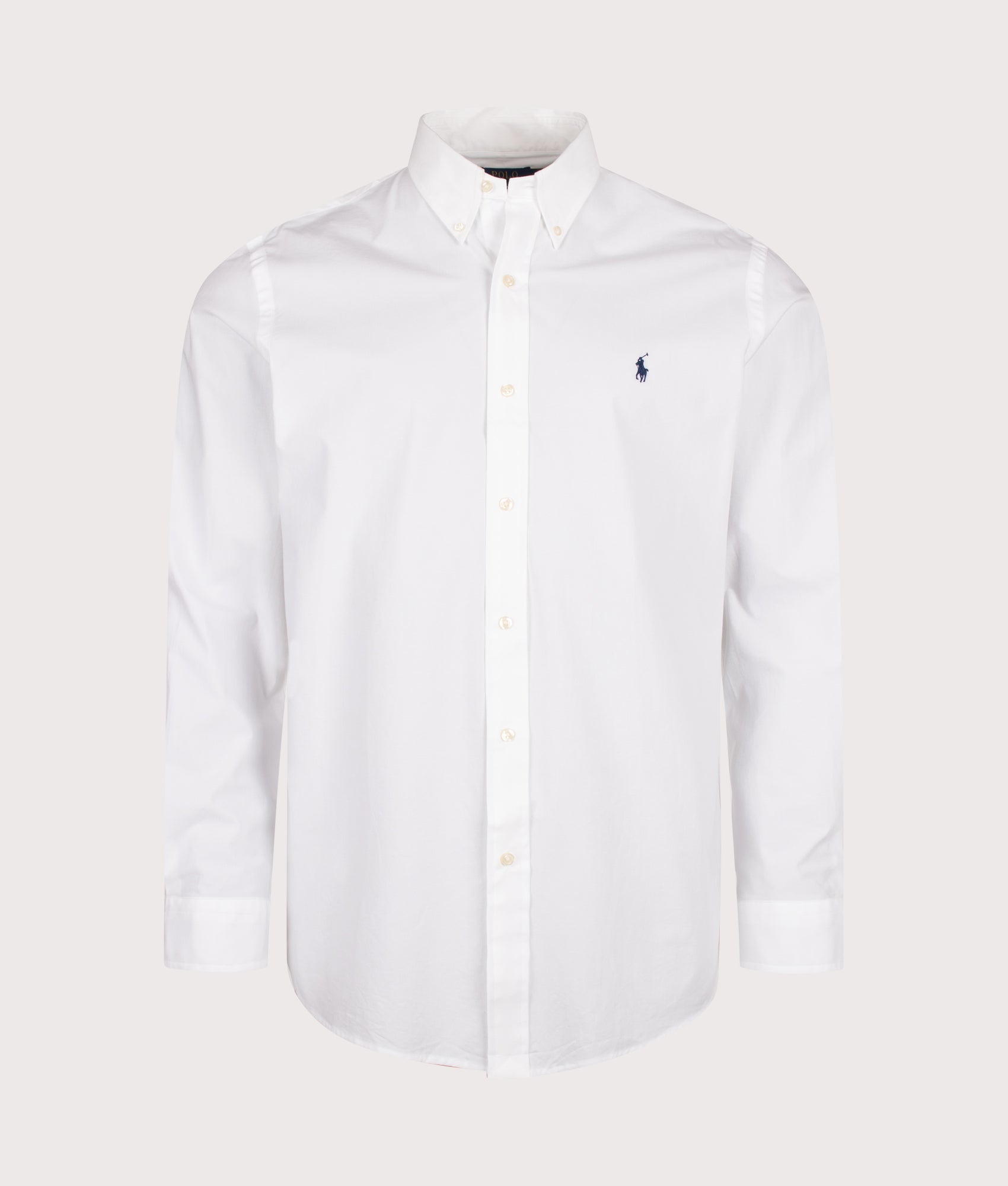 Polo Ralph Lauren Custom Fit Stretch Poplin Shirt in White at EQVVS Menswear. Front shot.