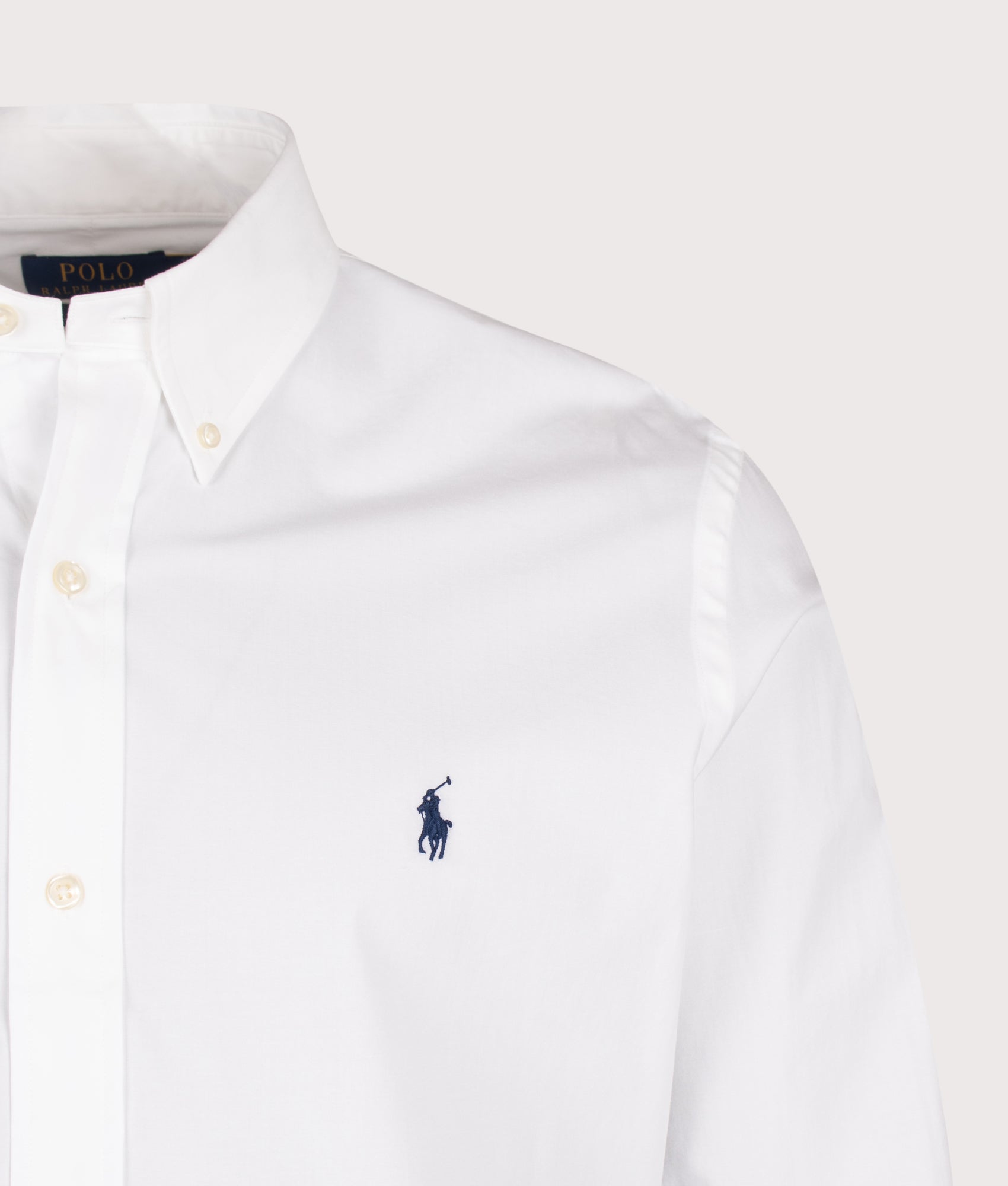 Polo Ralph Lauren Custom Fit Stretch Poplin Shirt in White at EQVVS Menswear. Detail shot.