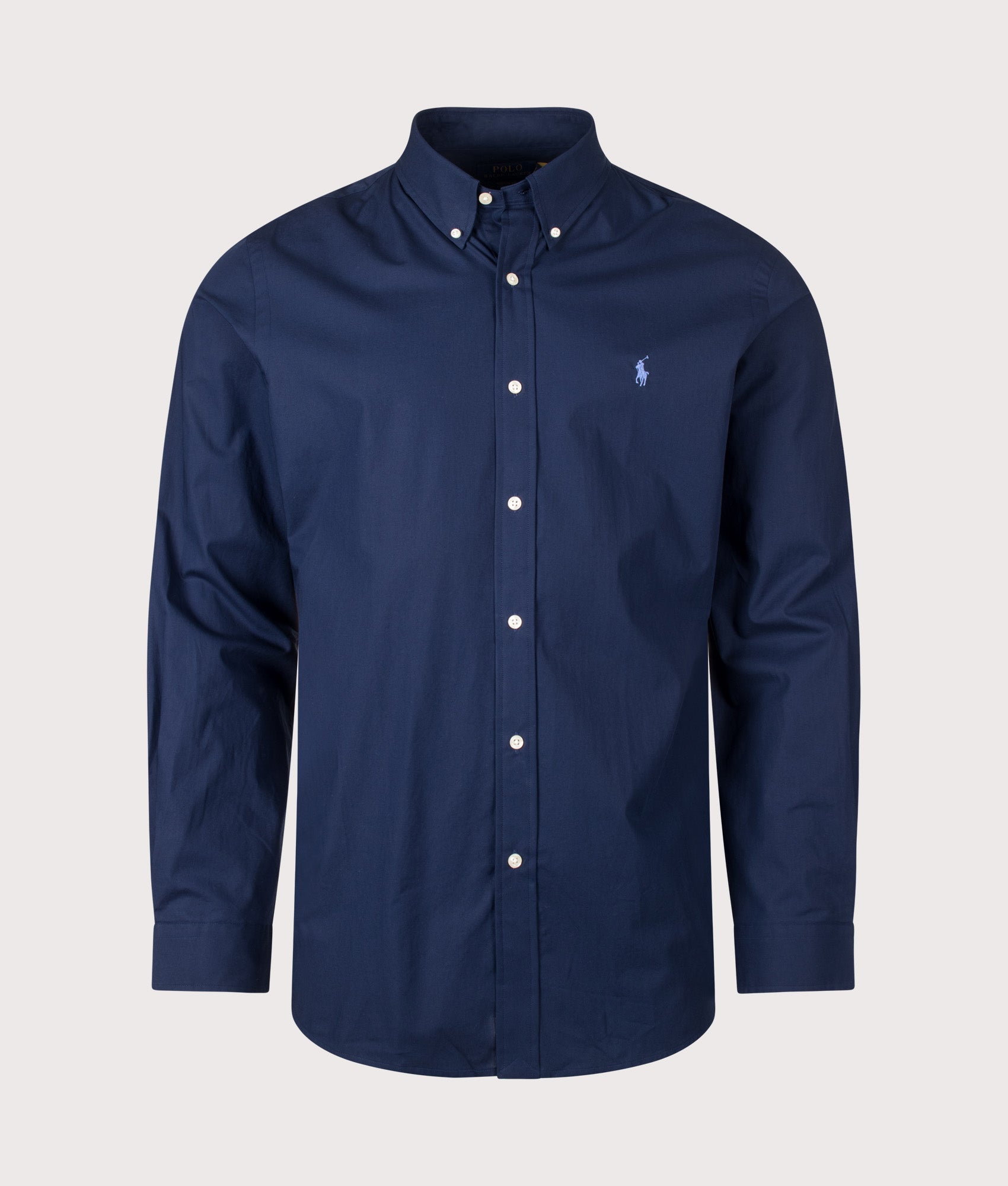 Polo Ralph Lauren Custom Fit Stretch Poplin Shirt in Newport Navy at EQVVS Menswear. Front shot.