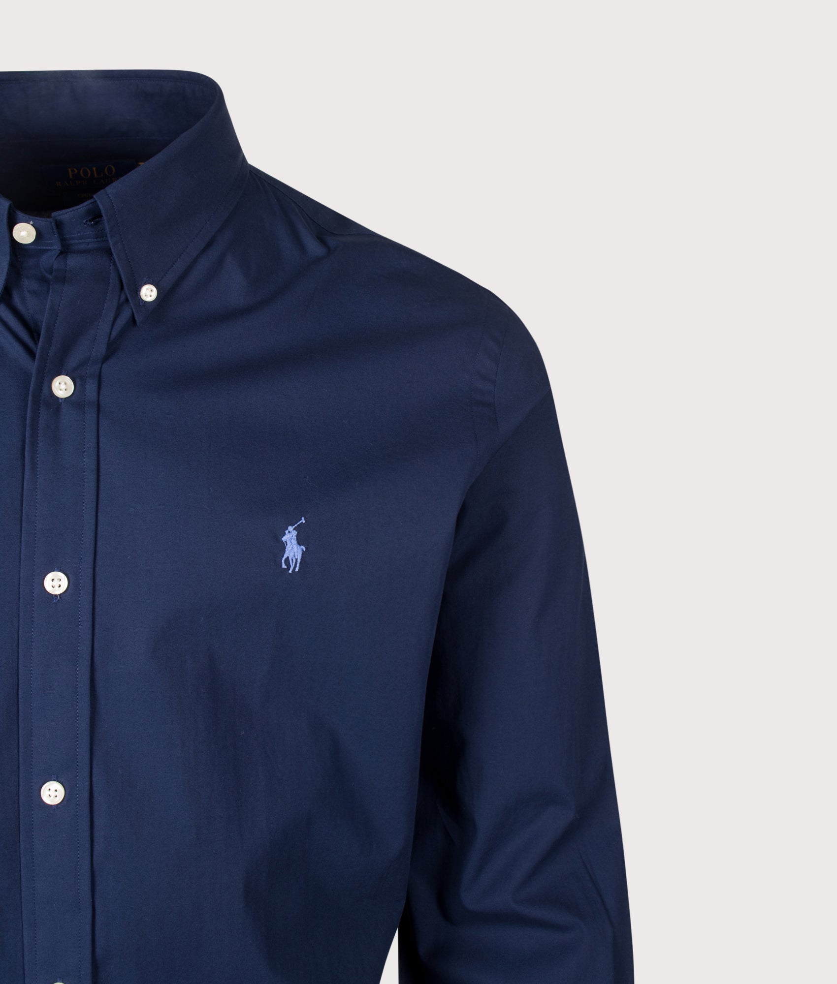 Polo Ralph Lauren Custom Fit Stretch Poplin Shirt in Newport Navy at EQVVS Menswear. Detail shot.