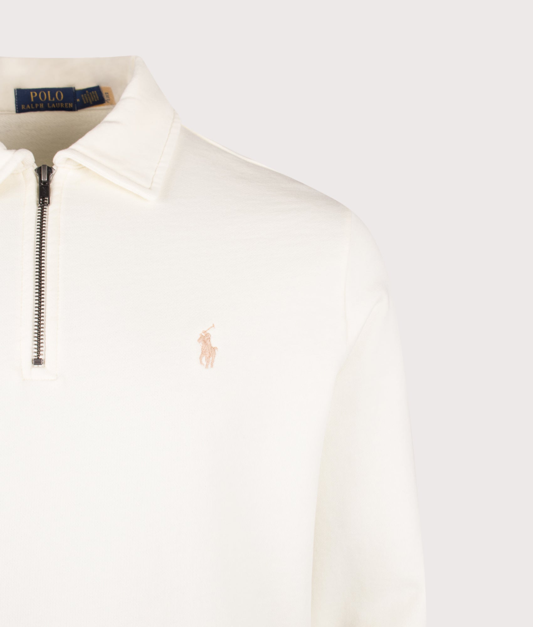 Polo Ralph Lauren Loopback Terry Sweatshirt in Clubhouse Cream at EQVVS Menswear. Detail shot.