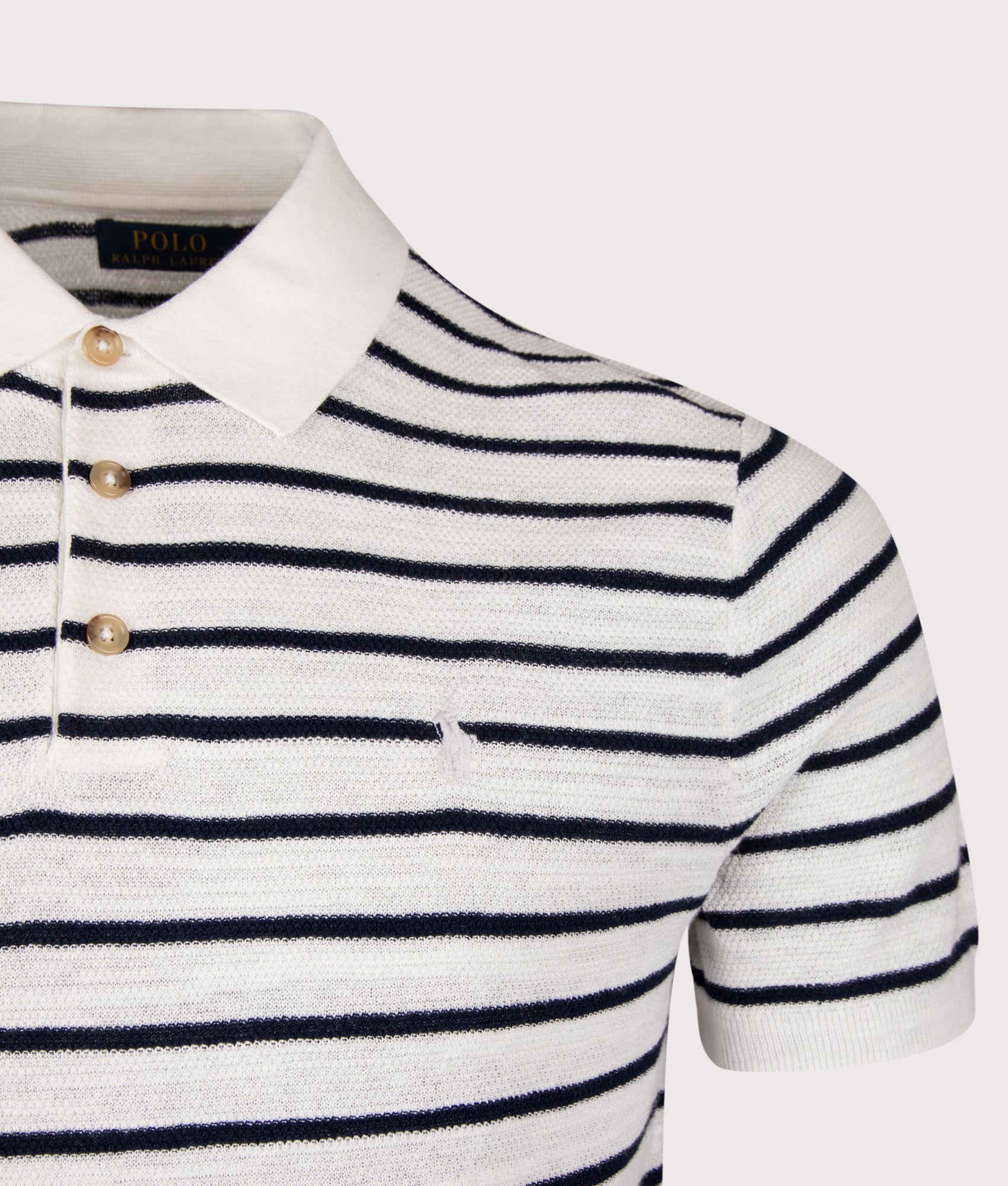 Striped Polo Collar Knit in Deckwash White Combo by Polo Ralph Lauren. Shot by EQVVS. Detail Shot.