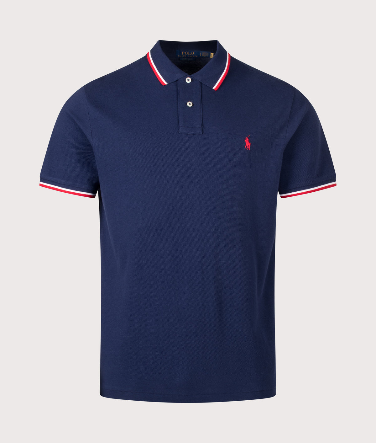 Polo Ralph Lauren Custom Slim Fit Mesh Polo Shirt in Newport Navy and Red at EQVVS Menswear. Front shot.