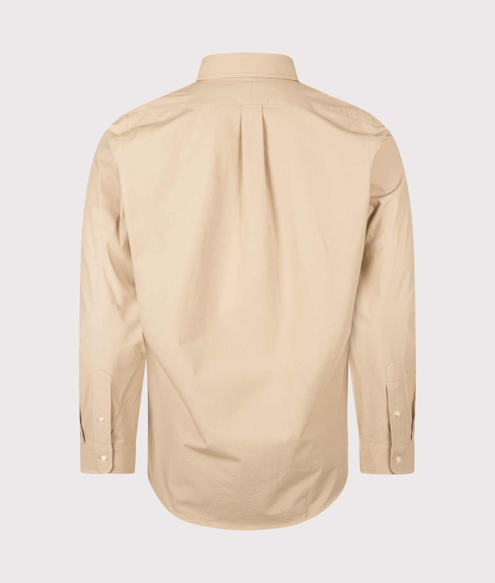 Polo Ralph Lauren Custom Fit Stretch Poplin Shirt in Vintage Khaki at EQVVS Menswear. Back shot.