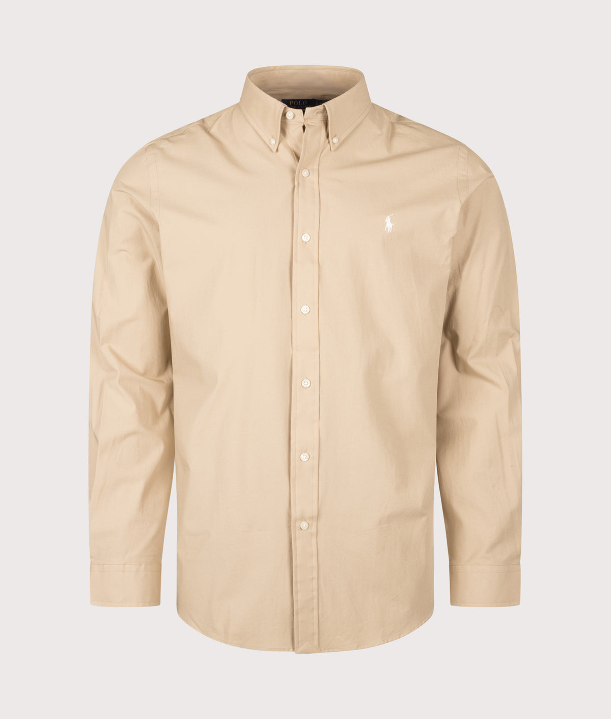Polo Ralph Lauren Custom Fit Stretch Poplin Shirt in Vintage Khaki at EQVVS Menswear. Front shot.