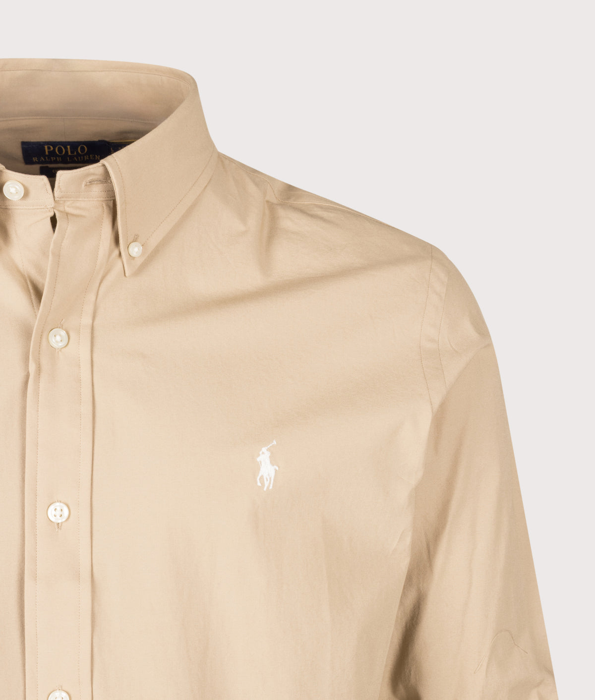 Polo Ralph Lauren Custom Fit Stretch Poplin Shirt in Vintage Khaki at EQVVS Menswear. Detail shot.