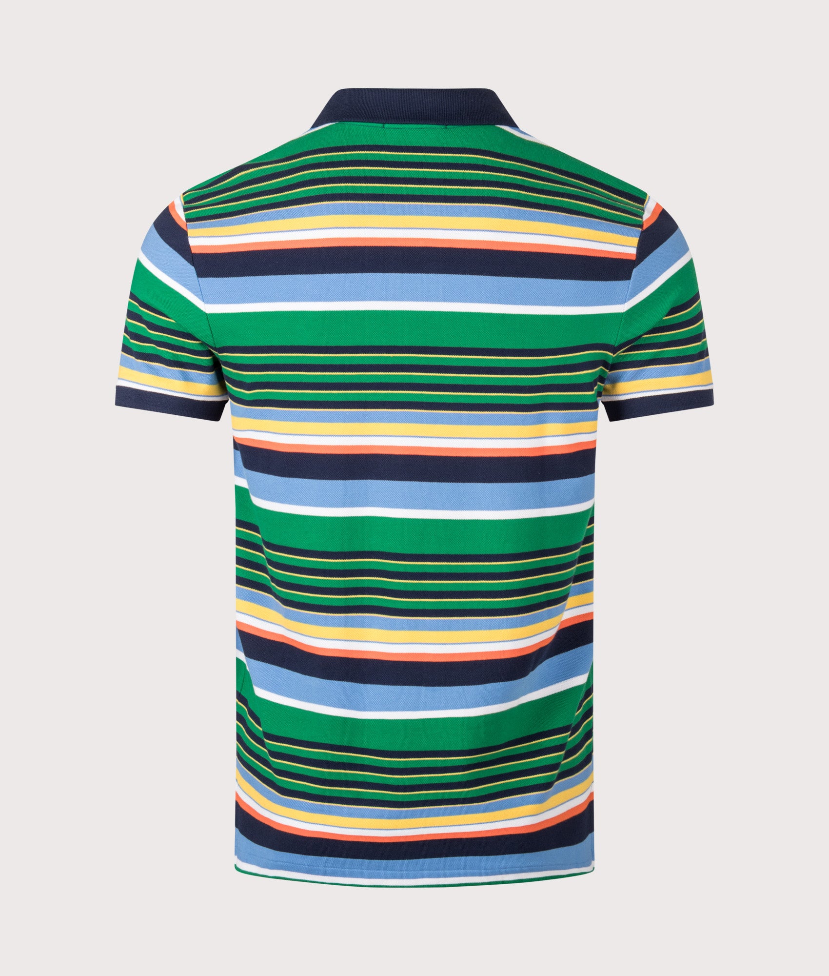 Custom Slim Fit Striped Mesh Polo Shirt in Billiard Stripe by Polo Ralph Lauren. Shot by EQVVS. Back shot. 