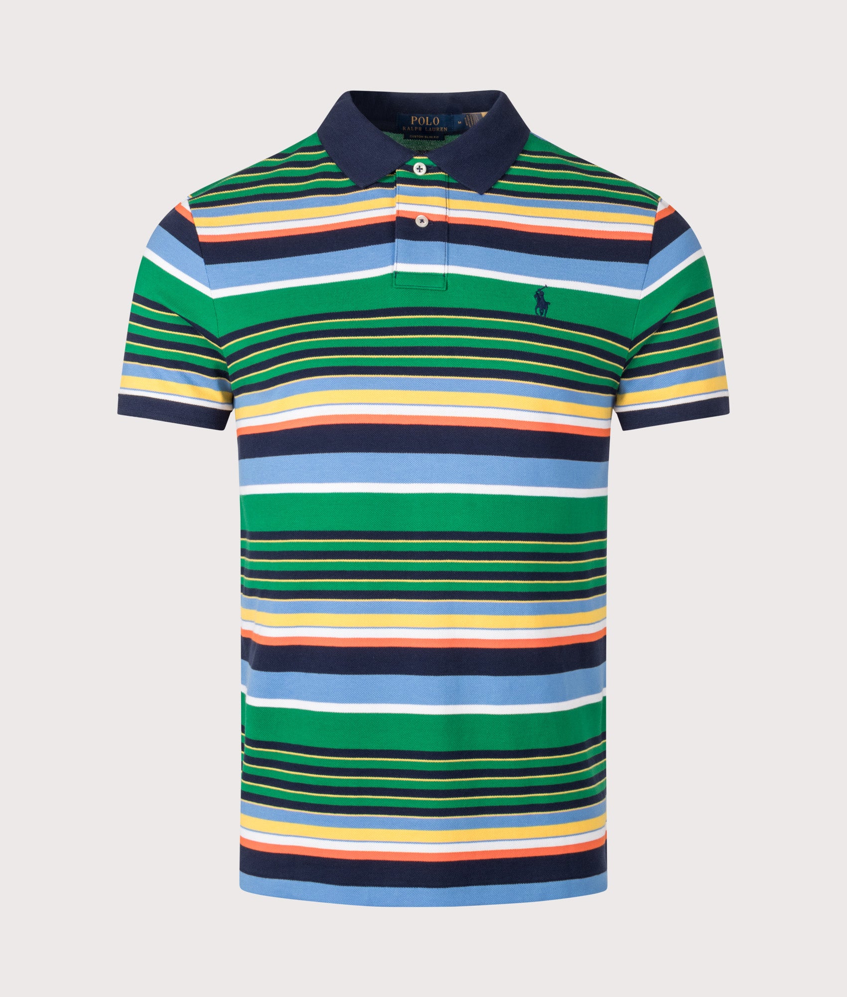 Custom Slim Fit Striped Mesh Polo Shirt in Billiard Stripe by Polo Ralph Lauren. Shot by EQVVS. Front shot. 
