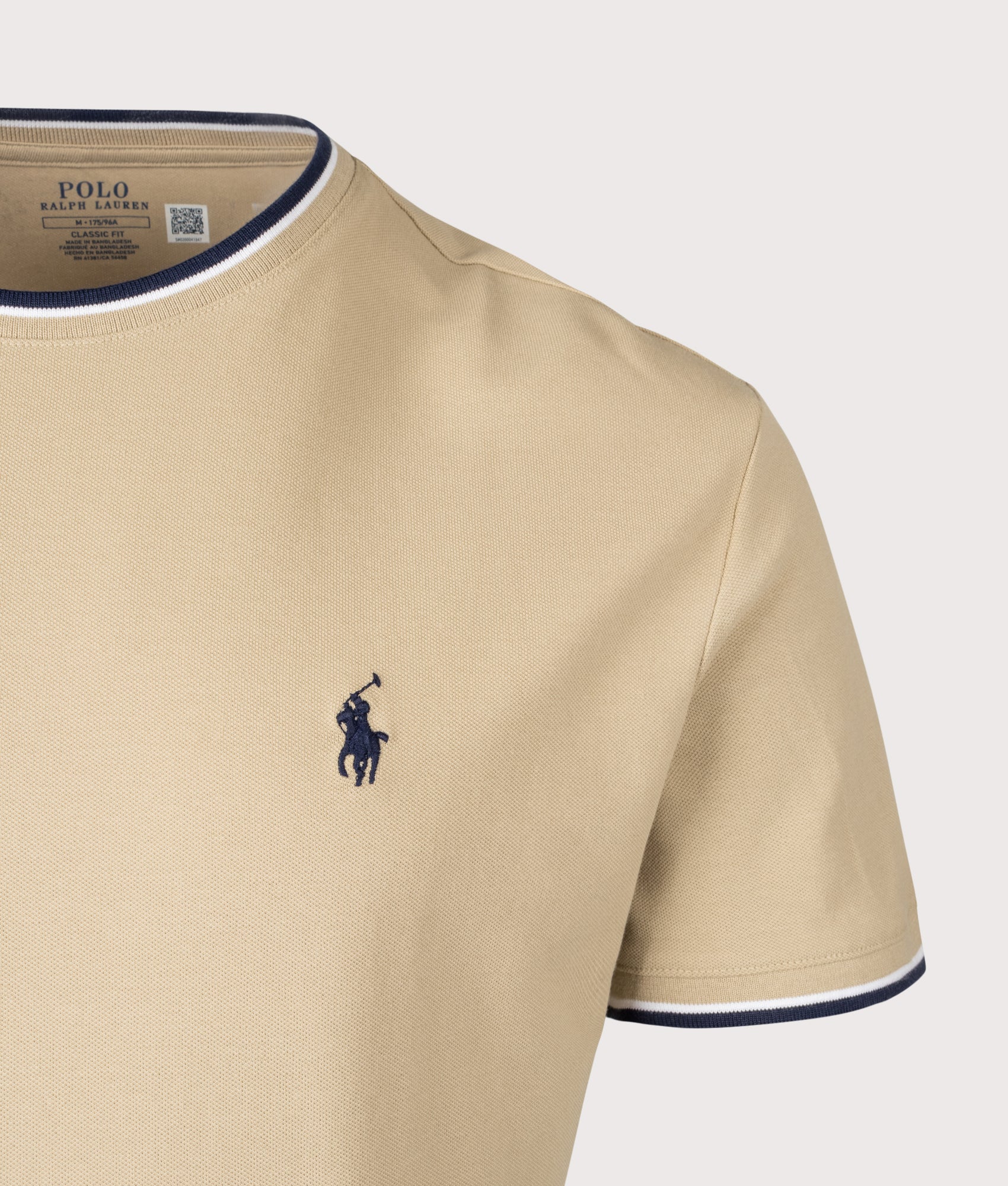 Polo Ralph lauren Classic Fit Stretch Mesh T-Shirt in Coastal Beige at EQVVS Menswear. Detail shot.