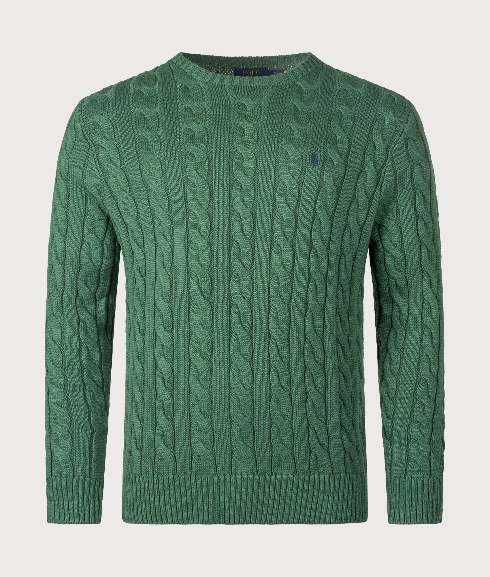 Cable Knit Cotton Jumper by Polo Ralph Lauren in Kale Green. Shot by EQVVS. Front shot.