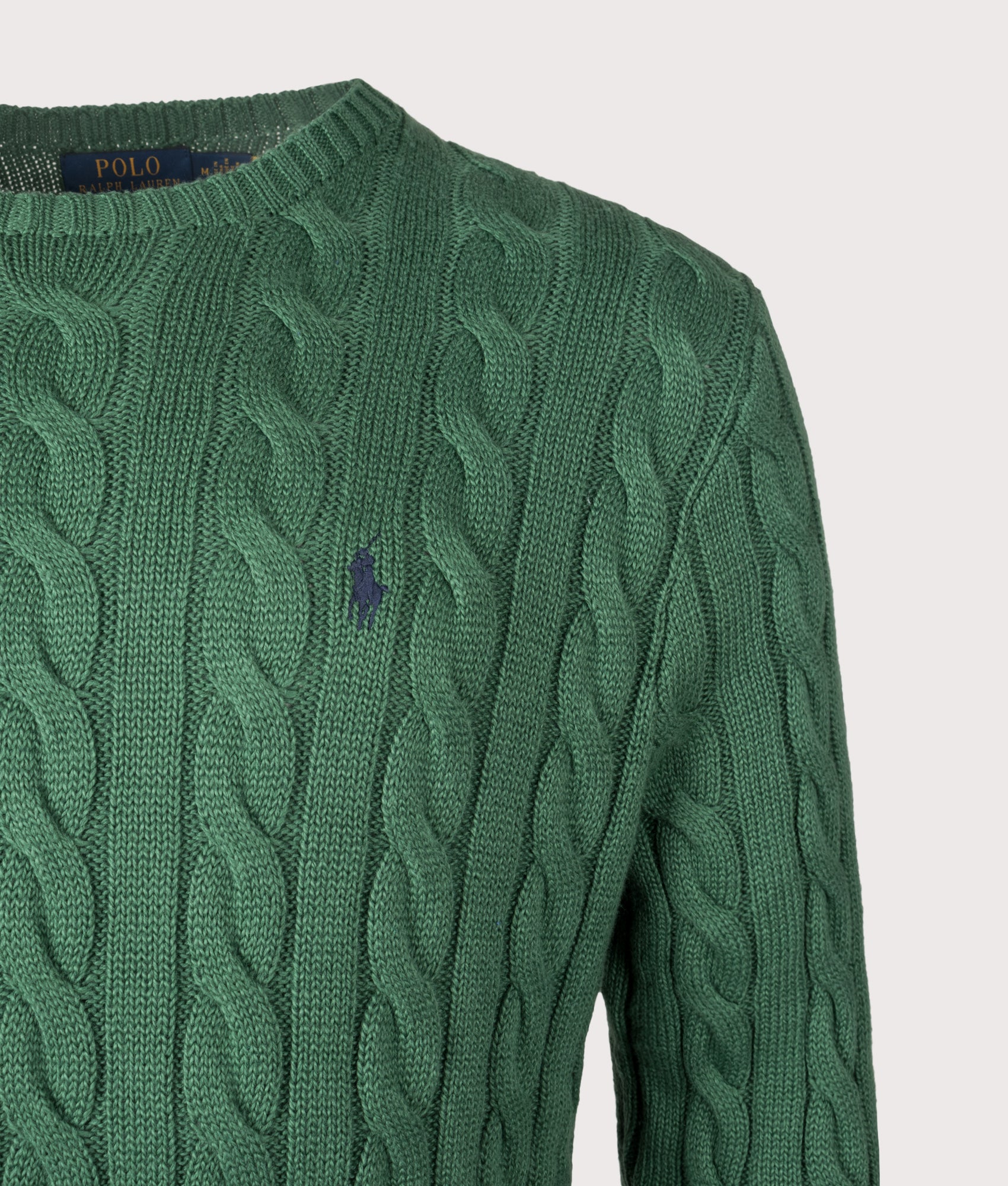 Cable Knit Cotton Jumper by Polo Ralph Lauren in Kale Green. Shot by EQVVS. Detail shot.