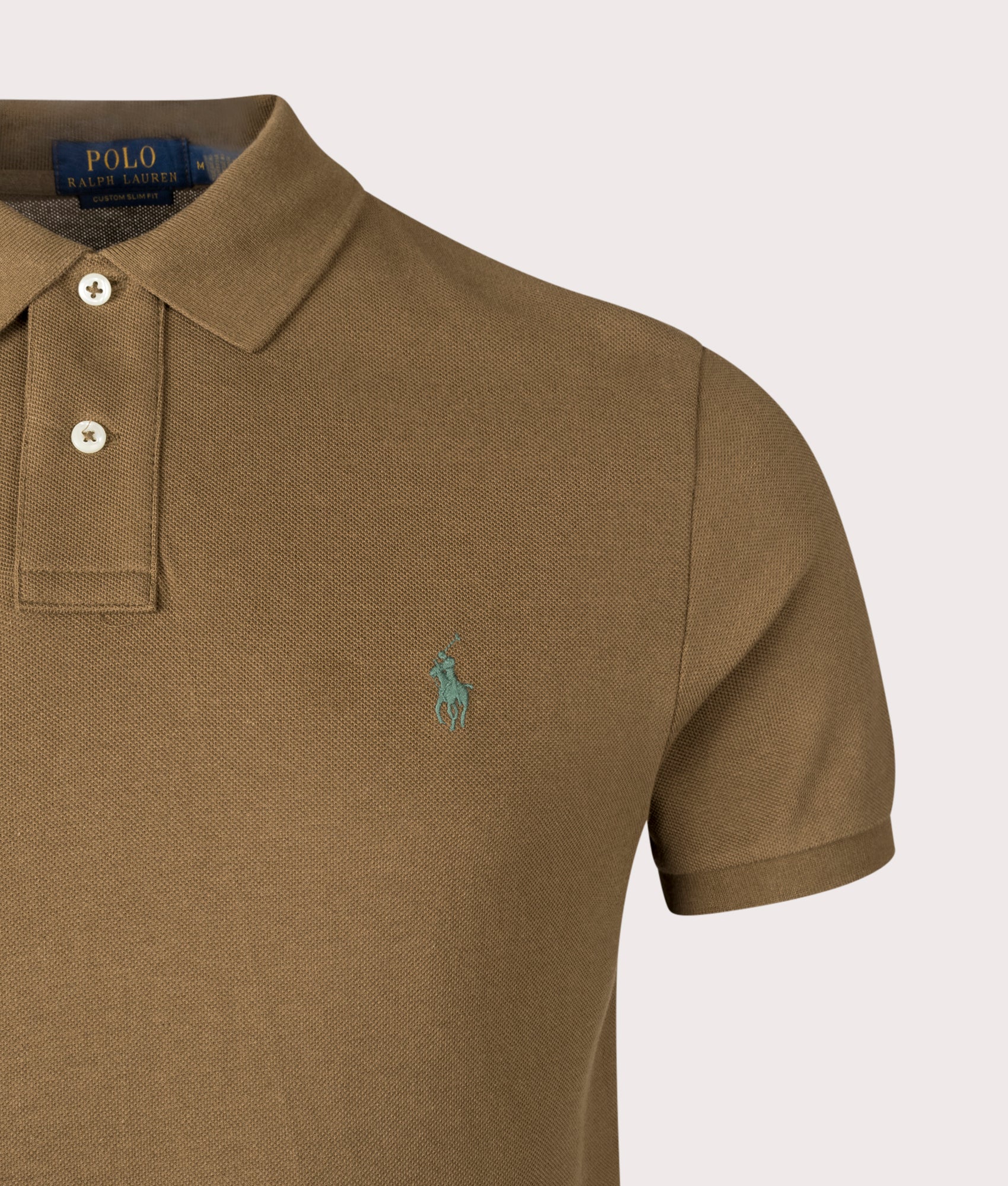 Custom Slim Fit Mesh Polo Shirt in Nature Brown. 100% Cotton | Polo Ralph Lauren | Shot at EQVVS | Front detail shot 