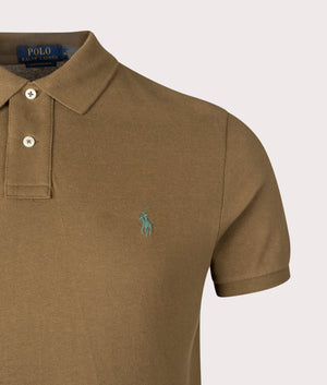 Custom Slim Fit Mesh Polo Shirt in Nature Brown. 100% Cotton | Polo Ralph Lauren | Shot at EQVVS | Front detail shot 