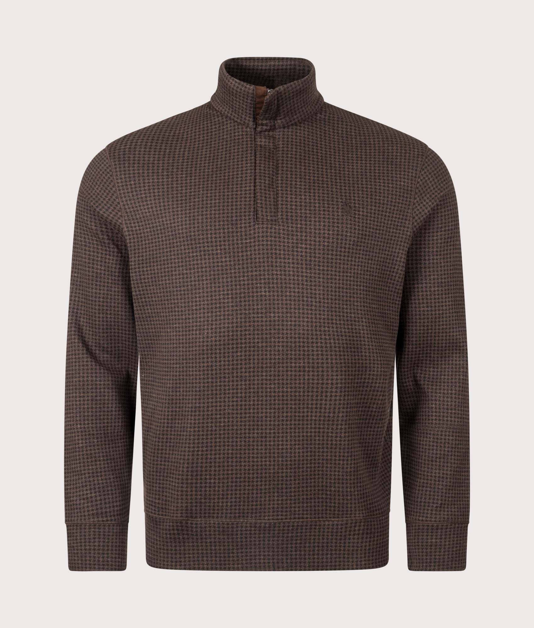 Polo Ralph Lauren Houndstooth Jersey Jumper in Alpine Brown Heather Dogtooth. Front shot.