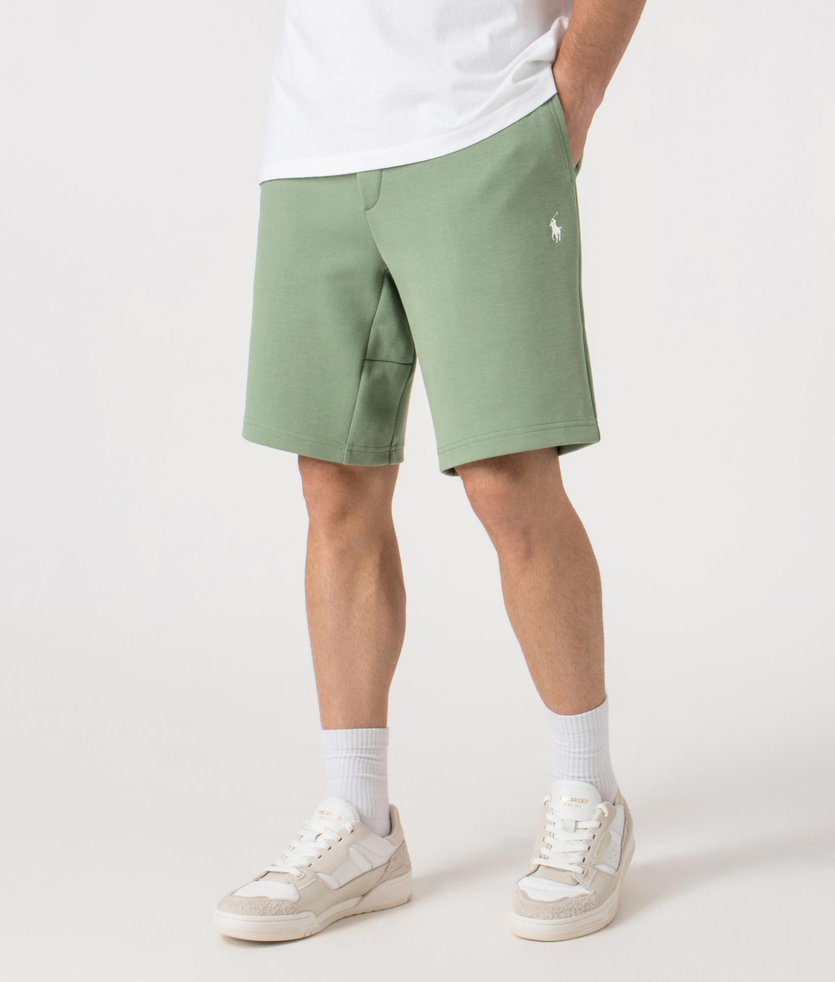 Regular Fit Double Knit Athletic Sweat Shorts by Polo Ralph Lauren in Fatigue. Shot by EQVVs. Front angled shot.