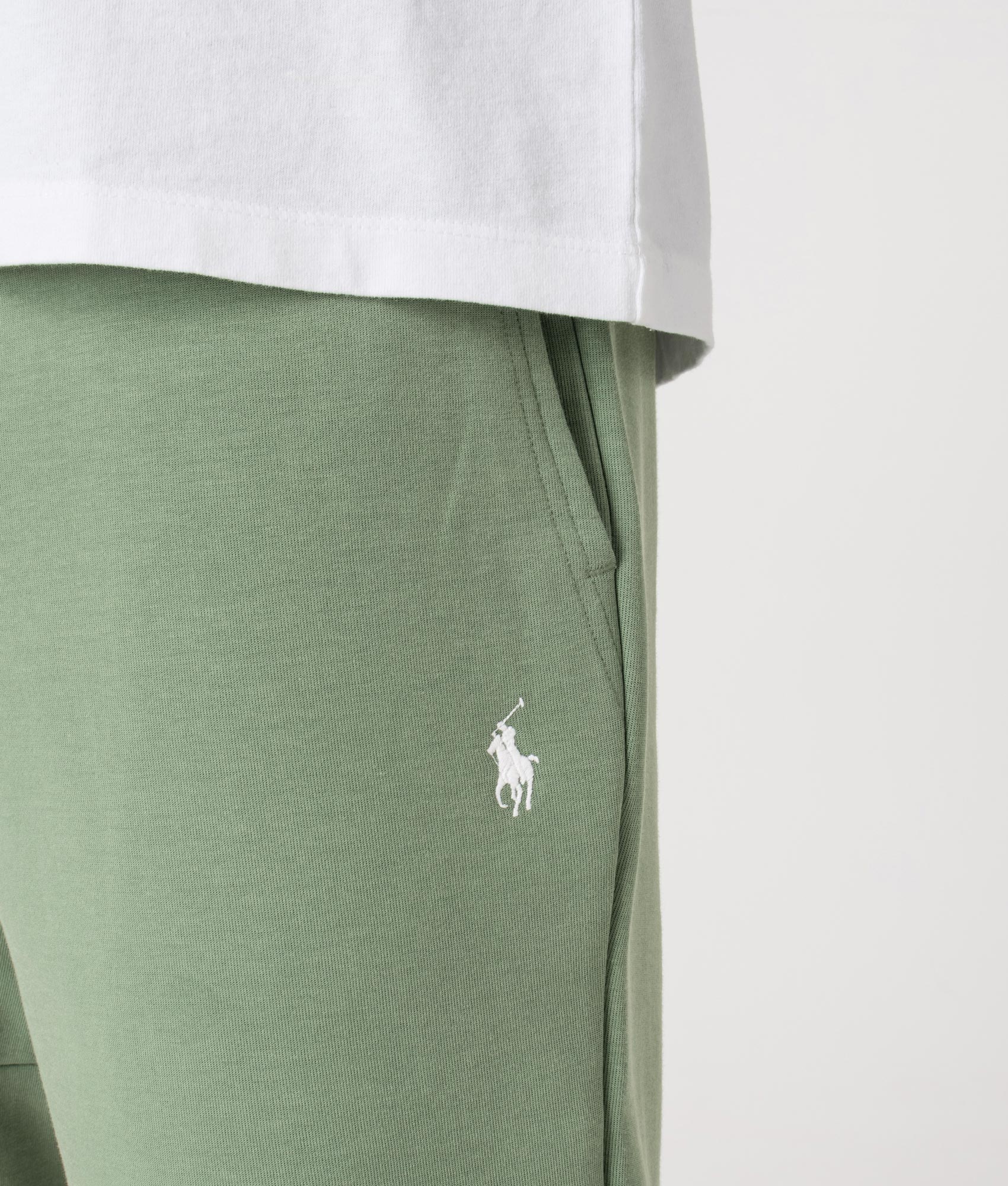 Regular Fit Double Knit Athletic Sweat Shorts by Polo Ralph Lauren in Fatigue. Shot by EQVVs. Detail shot.