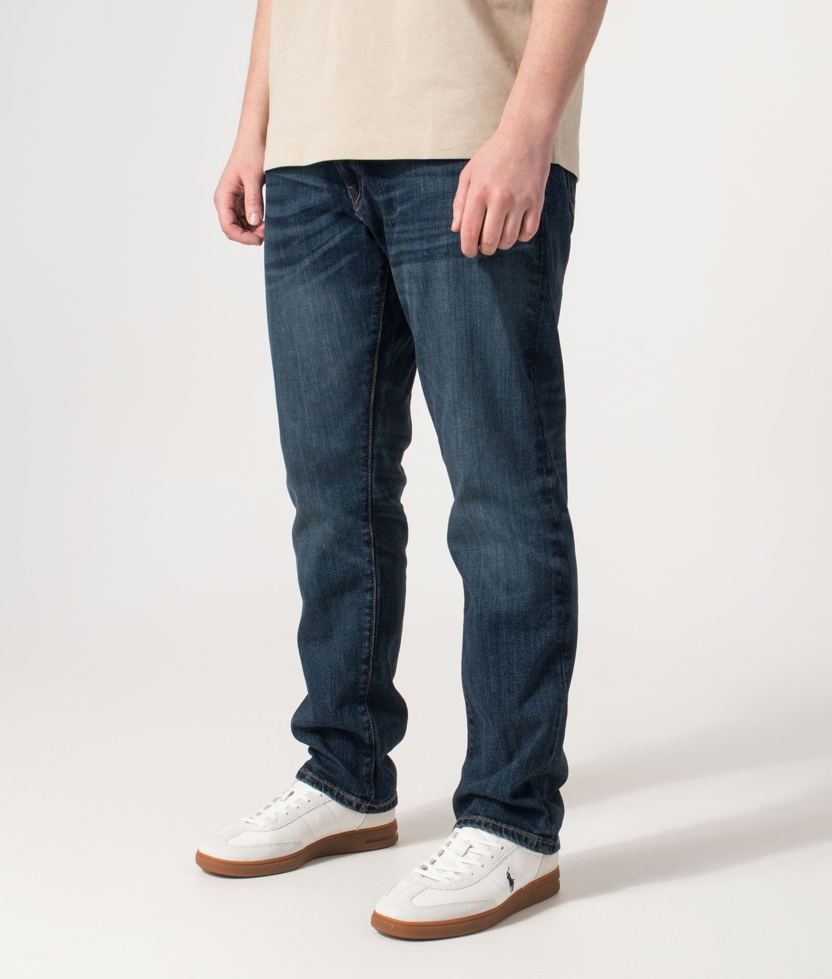 Polo Ralph Lauren Relaxed Fit Straight Leg Hampton Jeans in Rockford Stretch at EQVVS Menswear. Angled front shot.