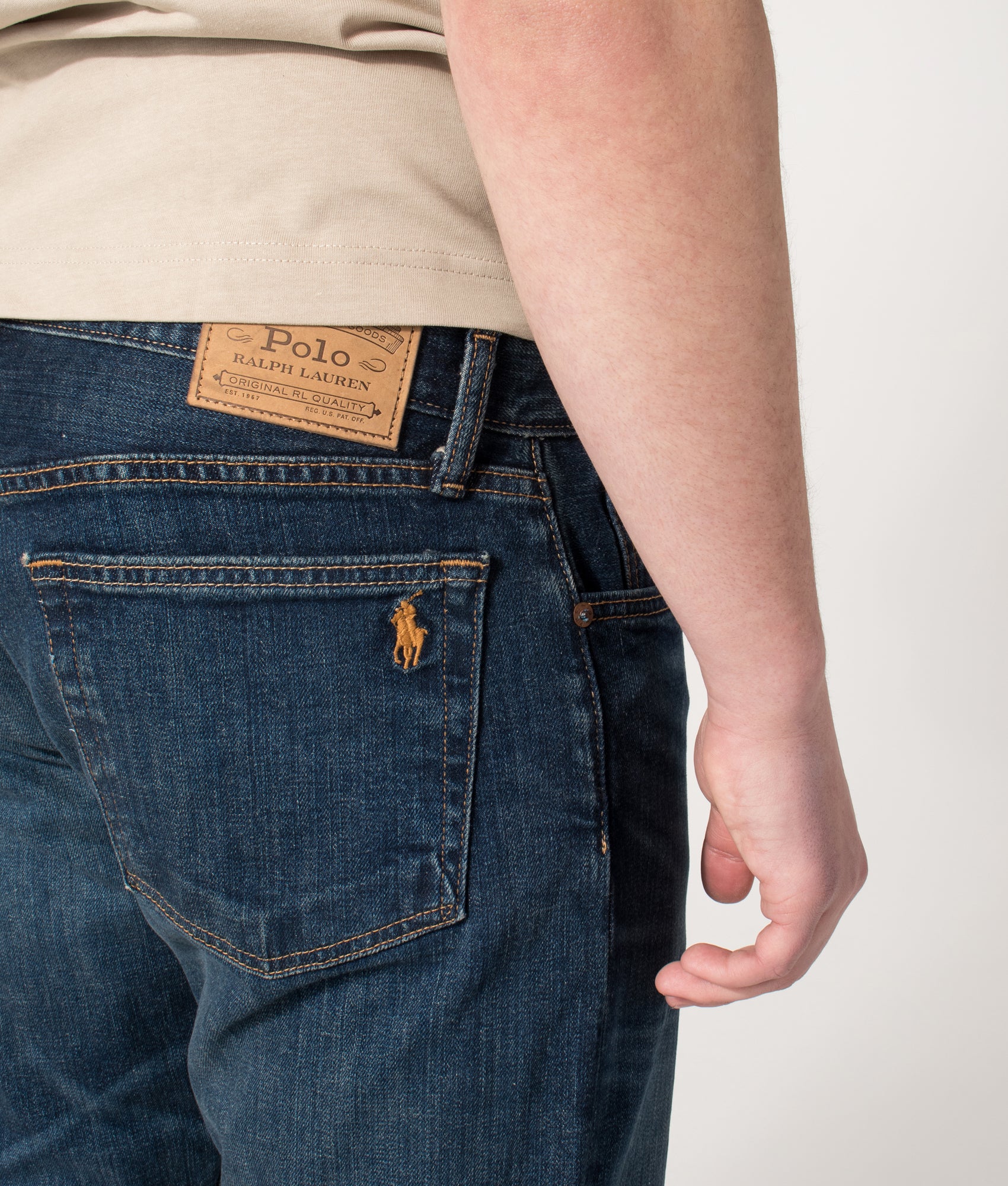 Polo Ralph Lauren Relaxed Fit Straight Leg Hampton Jeans in Rockford Stretch at EQVVS Menswear. Back detail shot.
