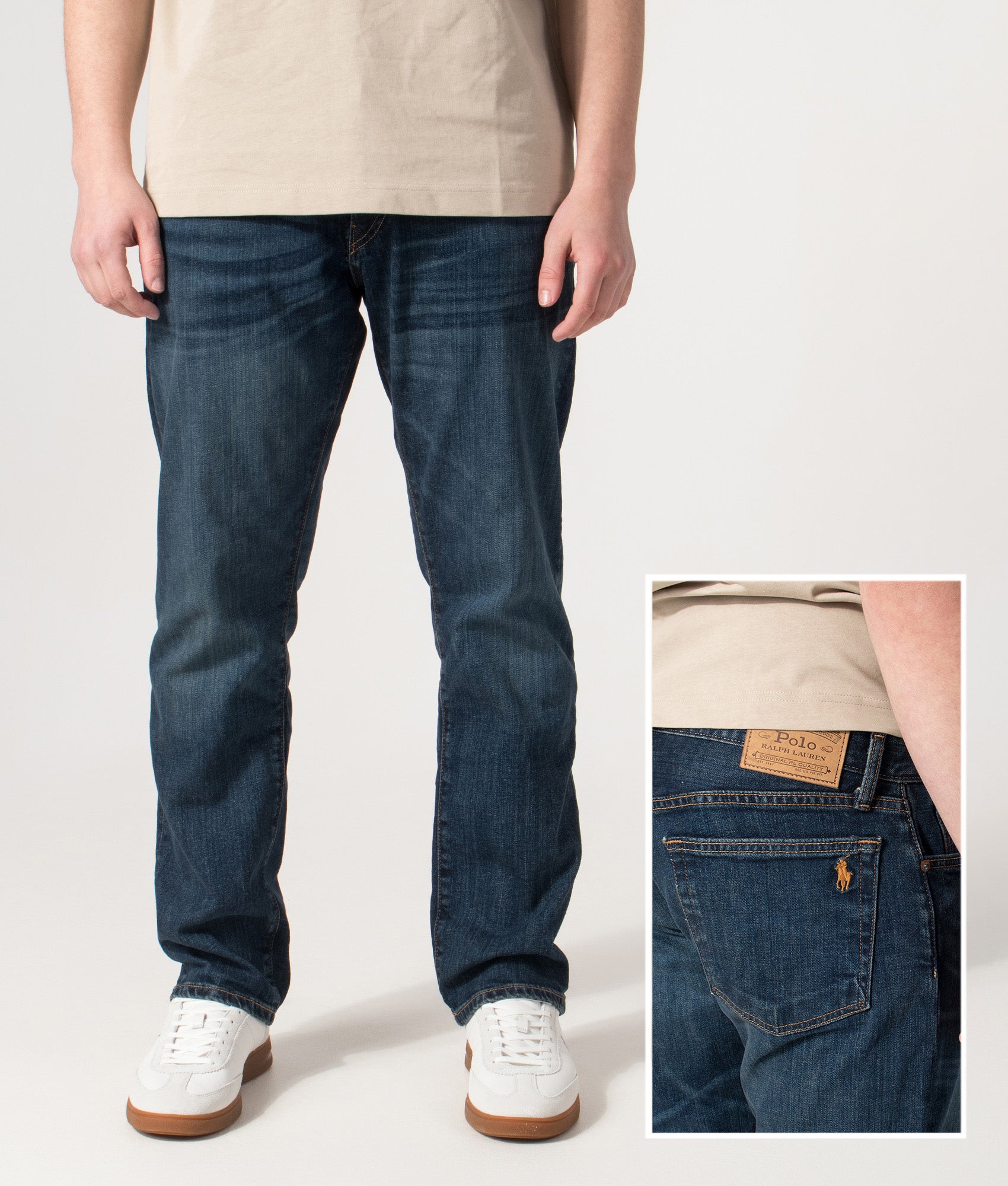 Polo Ralph Lauren Relaxed Fit Straight Leg Hampton Jeans in Rockford Stretch at EQVVS Menswear. Front and back detail shot.