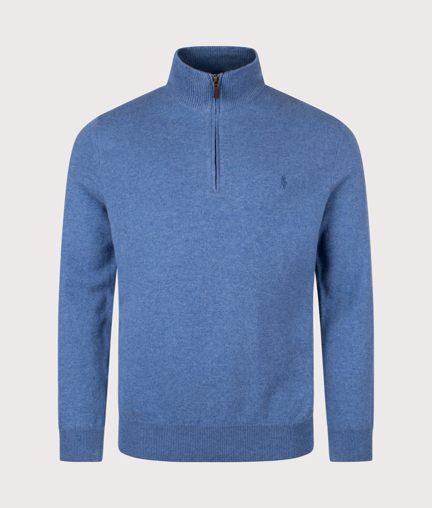 Merino Wool Quarter Zip Jumper in Tide Pool Blue Heather | 100% Merino Wool | Polo Ralph Lauren | EQVVS | Front shot 