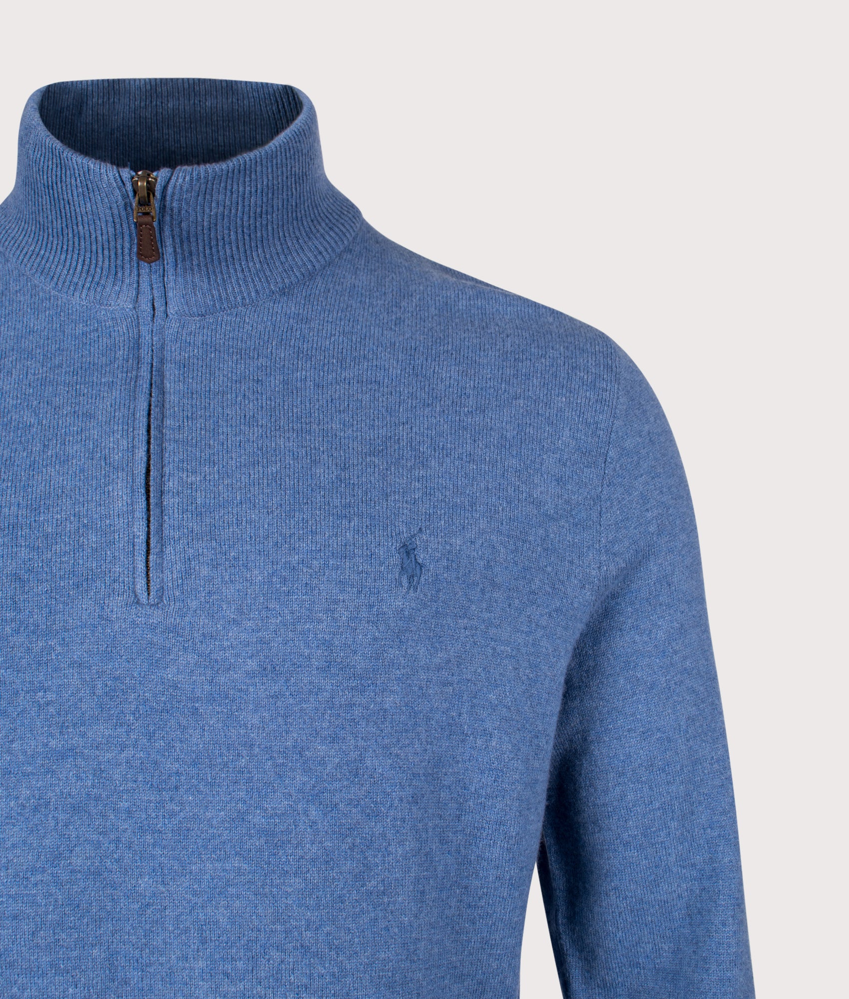 Merino Wool Quarter Zip Jumper in Tide Pool Blue Heather | 100% Merino Wool | Polo Ralph Lauren | EQVVS | Front detail shot 