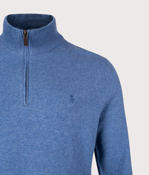 Merino Wool Quarter Zip Jumper in Tide Pool Blue Heather | 100% Merino Wool | Polo Ralph Lauren | EQVVS | Front detail shot 