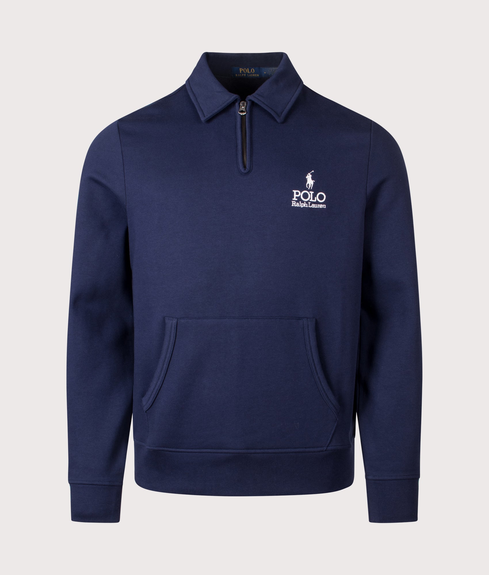 Polo Ralph Lauren Collared Quarter Zip Logo Sweatshirt in Cruise Navy at EQVVS Menswear. Front shot.