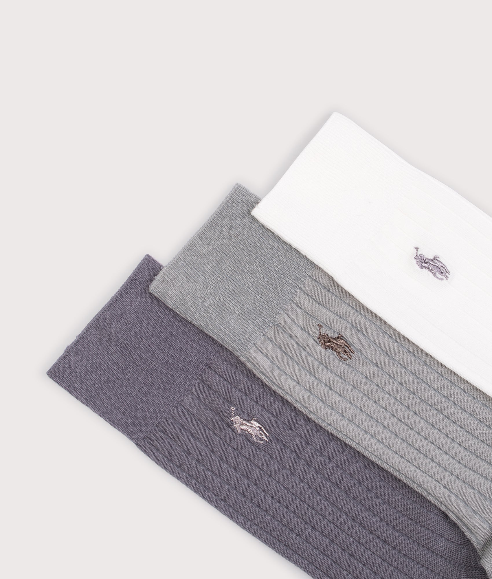3 Pack of Egyptian Rib Crew Socks in Ivory/Grey Multi | Polo Ralph Lauren | EQVVS | Detail shot 
