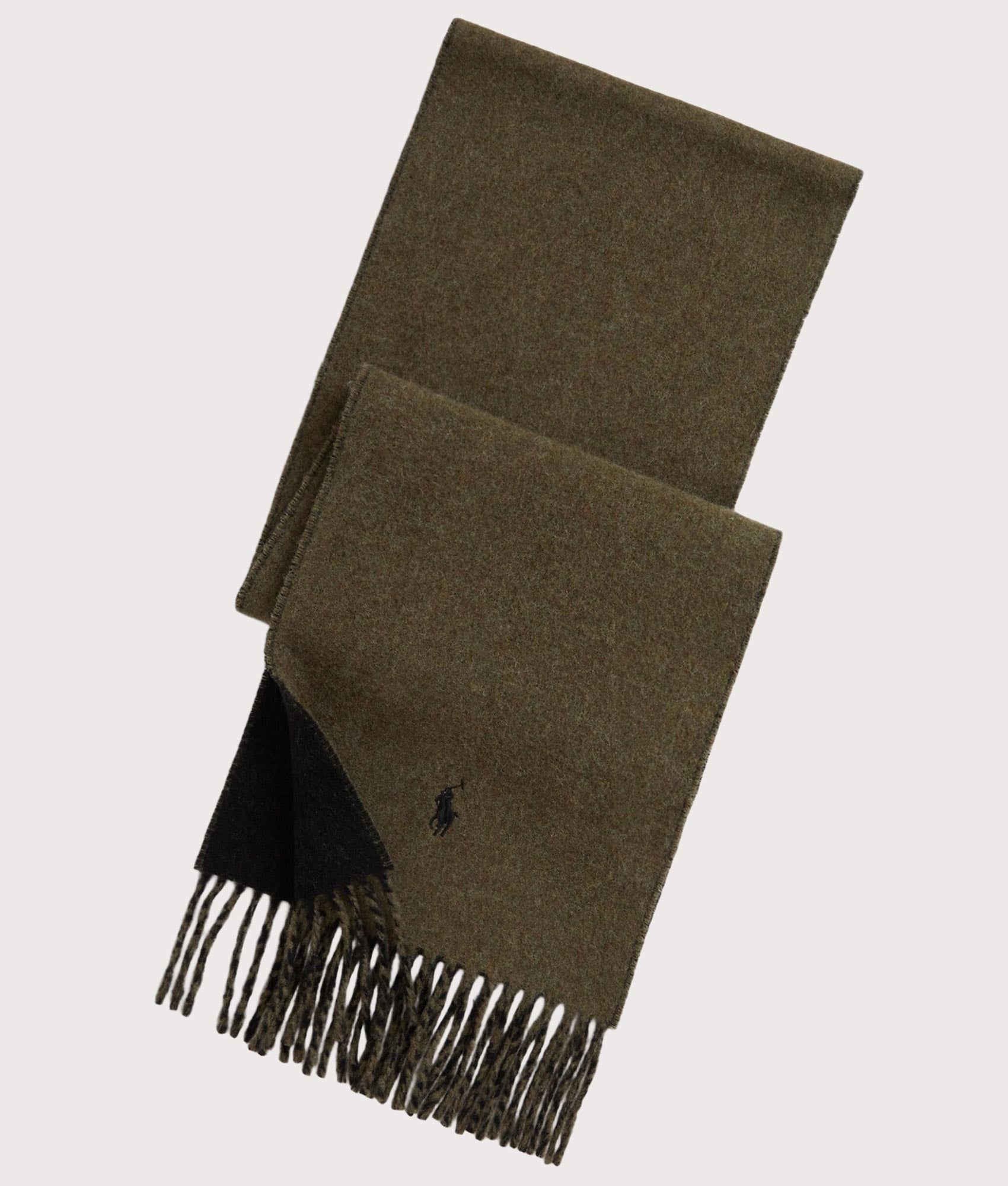Polo Ralph Lauren Reversible Wool-blend Scarf in Ranger Green and Polo Black at EQVVS Menswear. Front shot.
