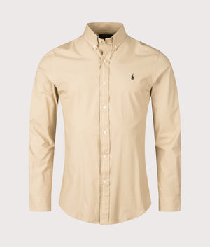Slim Fit Stretch Poplin Shirt in Coastal Beige. | Polo Ralph Lauren | Shot at EQVVS | Front shot