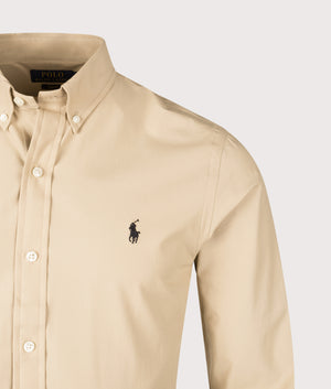 Slim Fit Stretch Poplin Shirt in Coastal Beige. | Polo Ralph Lauren | Shot at EQVVS | Front detail shot