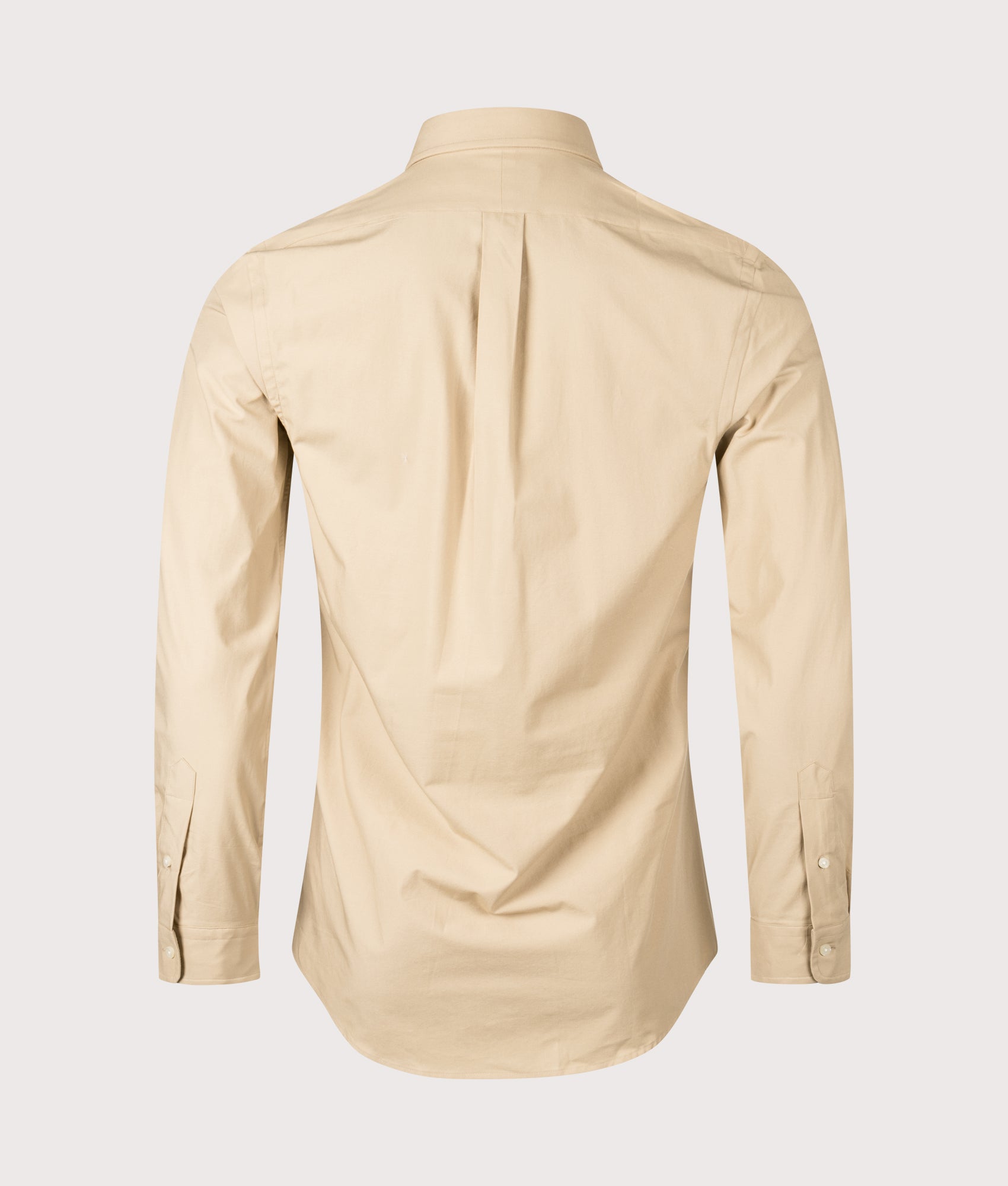 Slim Fit Stretch Poplin Shirt in Coastal Beige. | Polo Ralph Lauren | Shot at EQVVS | Back shot