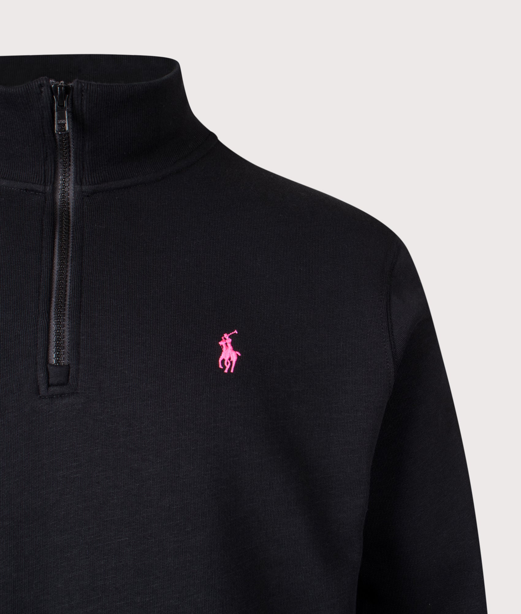 Polo Ralph Lauren Relaxed Fit Pink Pony Quarter Zip Sweatshirt in Polo Black at EQVVS Menswear. Detail shot.