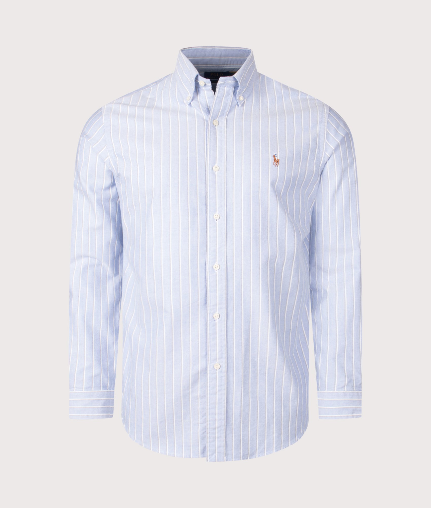 Polo Ralph Lauren Custom Fit Lightweight Shirt in Blue Multi at EQVVS Menswear. Front shot.
