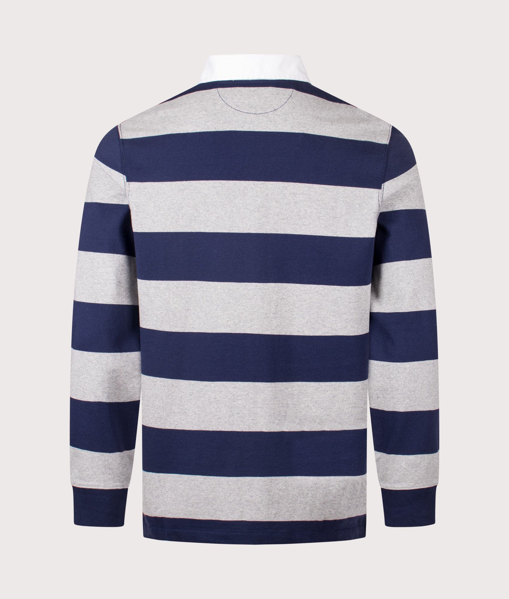 Polo Ralph Lauren The Iconic Rugby Shirt in Newport Navy and Andover Heather at EQVVS Menswear. Back shot.