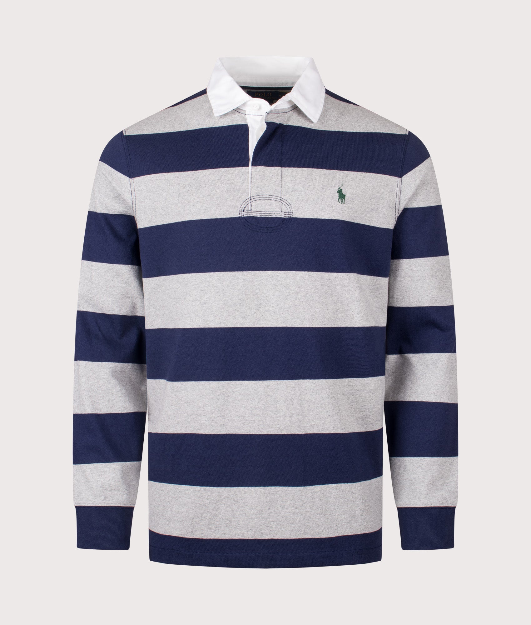 Polo Ralph Lauren The Iconic Rugby Shirt in Newport Navy and Andover Heather at EQVVS Menswear. Front shot.