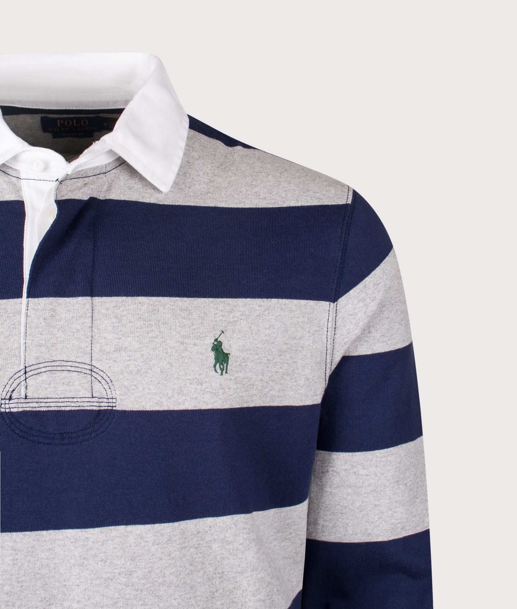 Polo Ralph Lauren The Iconic Rugby Shirt in Newport Navy and Andover Heather at EQVVS Menswear. Detail shot.