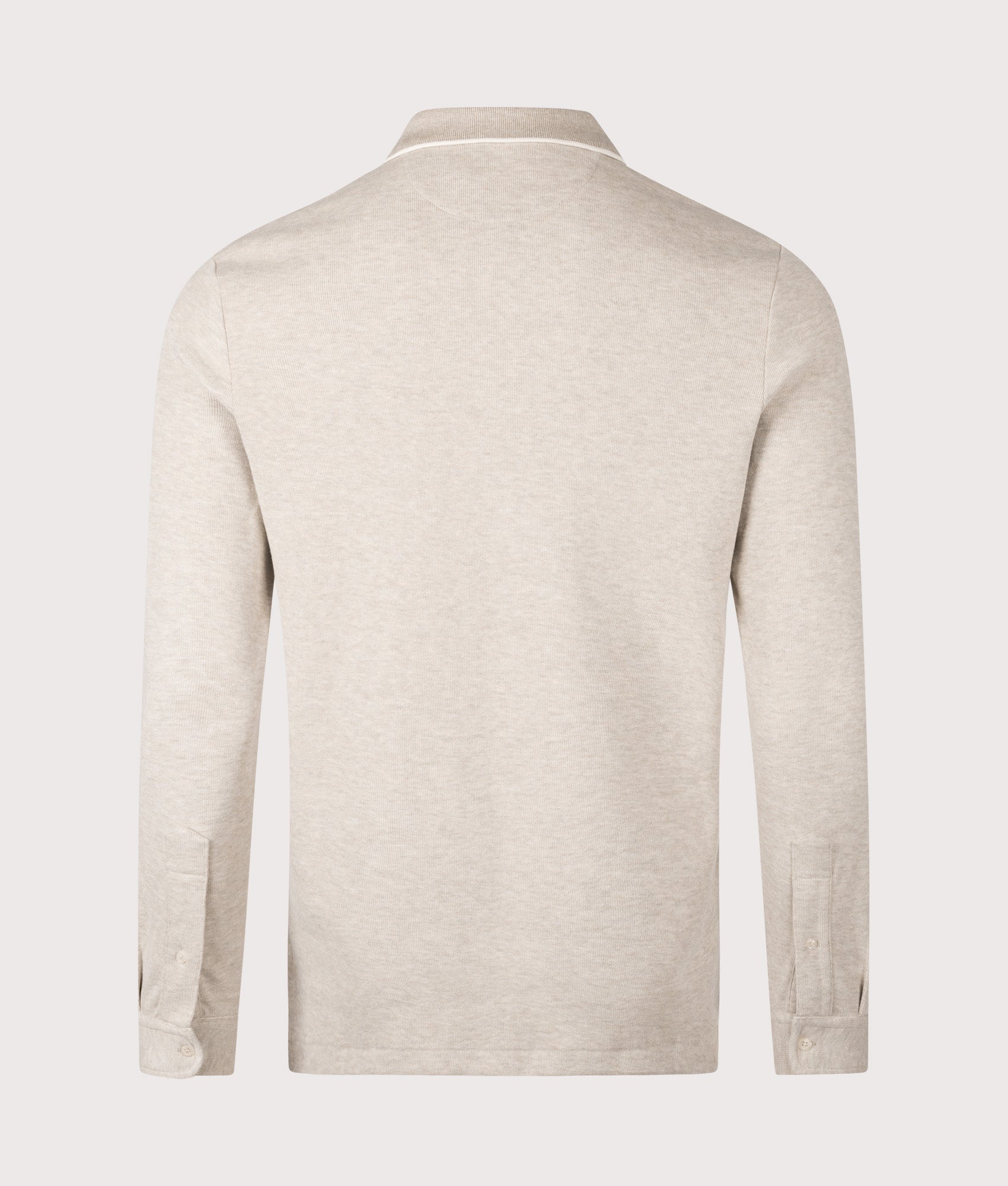 Double Knit Long Sleeve Polo Shirt by Polo Ralph Lauren in Tuscan Beige Heather. Shot by EQVVS. Back shot.