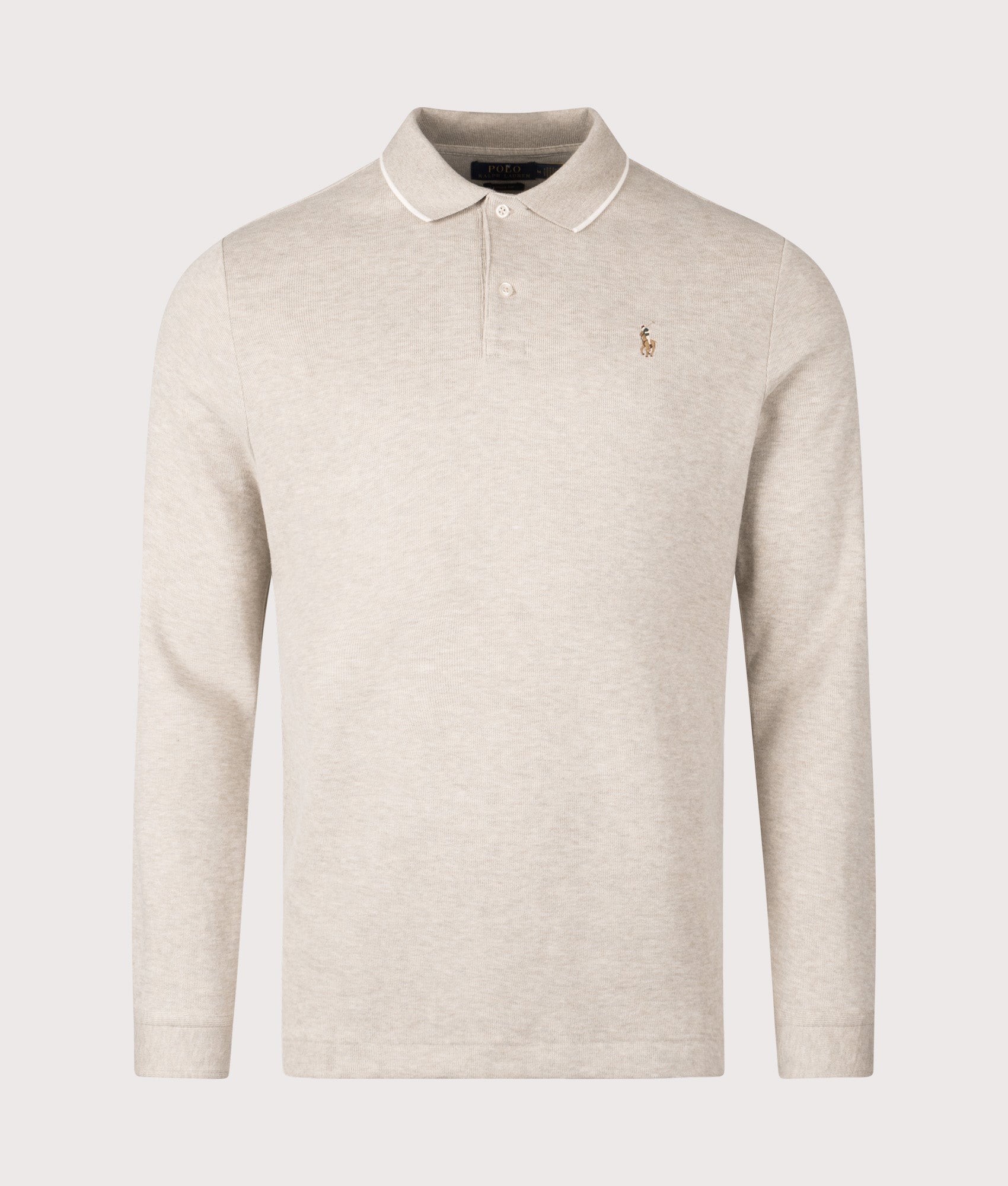 Double Knit Long Sleeve Polo Shirt by Polo Ralph Lauren in Tuscan Beige Heather. Shot by EQVVS. Front shot.
