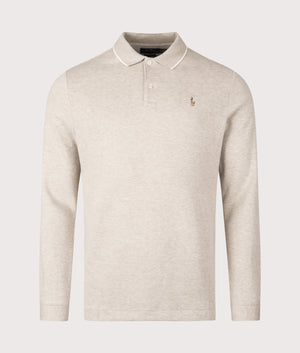 Double Knit Long Sleeve Polo Shirt by Polo Ralph Lauren in Tuscan Beige Heather. Shot by EQVVS. Front shot.