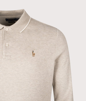 Double Knit Long Sleeve Polo Shirt by Polo Ralph Lauren in Tuscan Beige Heather. Shot by EQVVS. Detail shot.