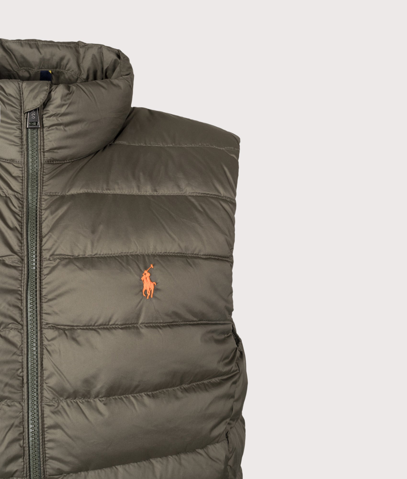 Polo Ralph Lauren Colden Packable Down Vest in Ranger Green at EQVVS Menswear. Detail shot.