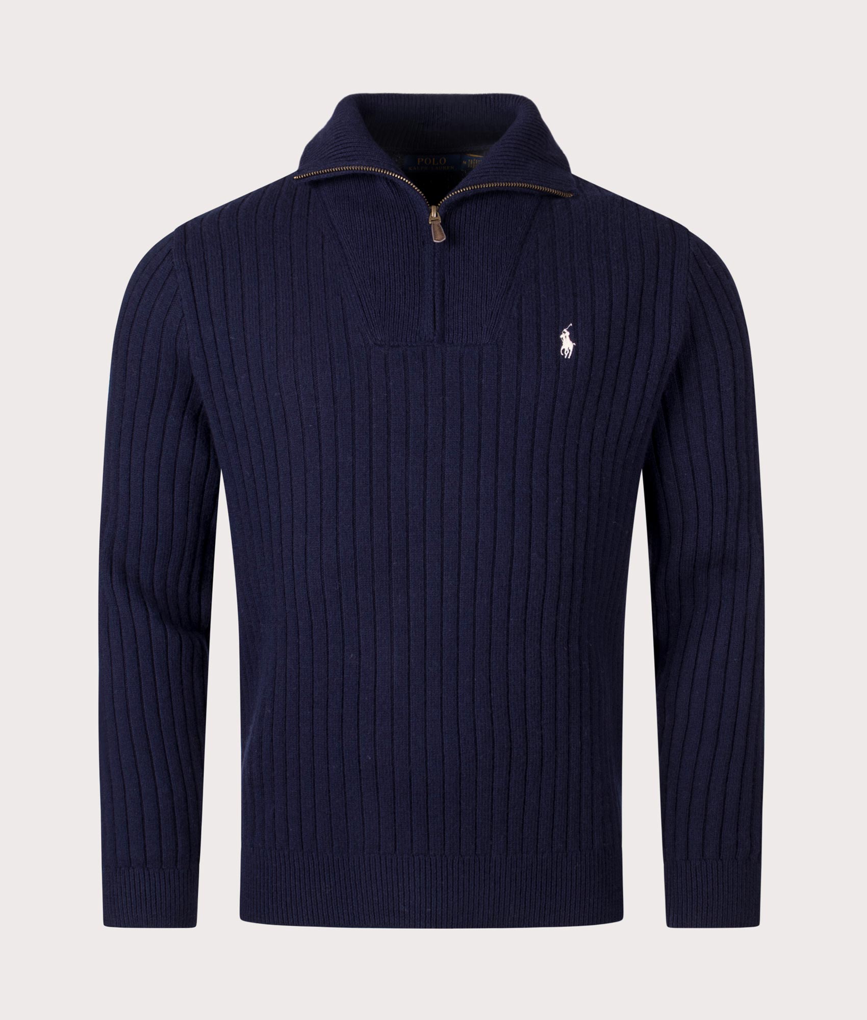 Rib Knit Wool Quarter Zip by Polo Ralph Lauren in Hunter Navy. Shot by EQVVS. Back Front open collar shot 